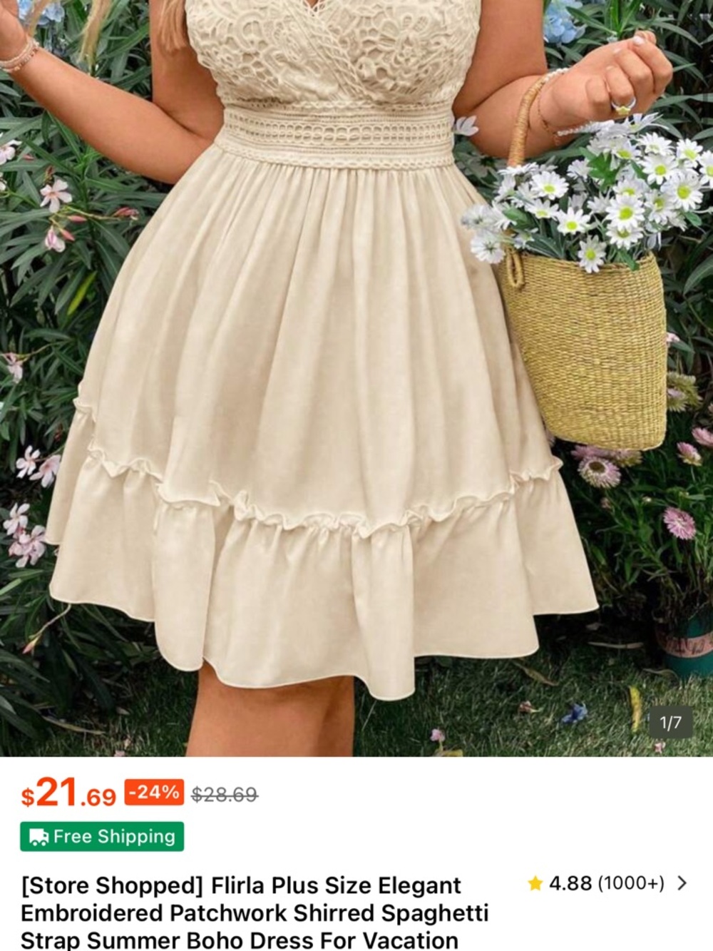 SHEIN Cream Embroidered Patchwork Shirred Spaghetti Strap Summer Dress